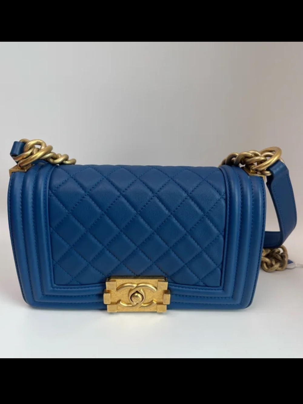 CHANEL Blue Quilted Boy Flap Shoulder Bag with Gold Hardware